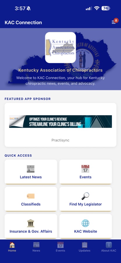 KAC Connection app home screen