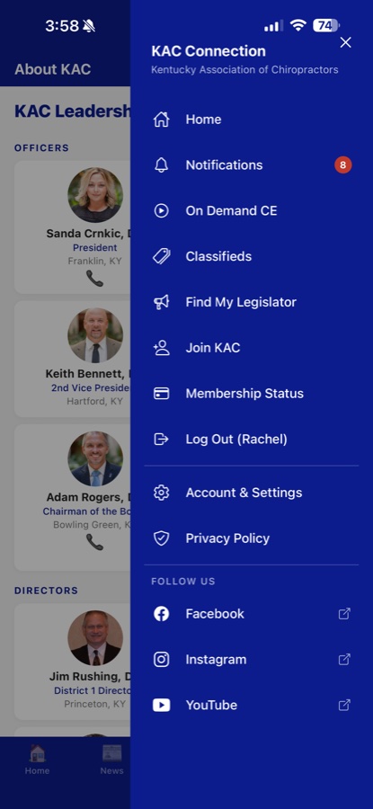 KAC Connection navigation menu